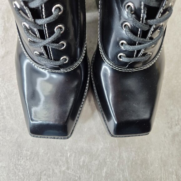 GB Oxford Platform Pumps 8.5 Black Lace Up Y2k Grunge Chunky Block Heel Booties - Picture 10 of 11